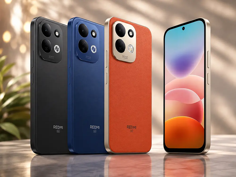 Redmi 17 5G — смартфон у чорному, синьому та помаранчевому кольорах Redmi 17 5G у чорному, синьому та помаранчевому кольорах із камерою 50 Мп